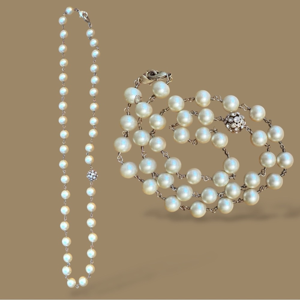 Vintage 1950s Faux Pearl Rhinestone Opera Necklace 26”